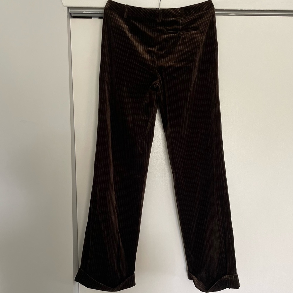 NWT Vintage Betsey Johnson brown pinstripe velour pants. Wide leg, cuffed.
